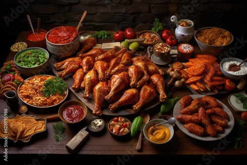 A Variety of Fried Chicken Dishes served with Multiple Sides and Condiments