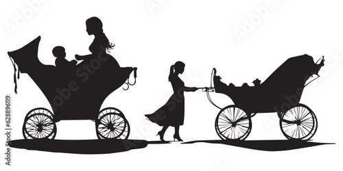Baby carrying car with baby and babies mother silhouette vector design