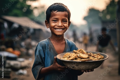 A young boy with a bowl full of food Fictional Character Created By Generative AI photo
