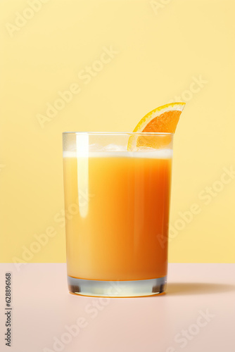 One whole glass of orange juice on coloured background still life. Generated with AI technology.
