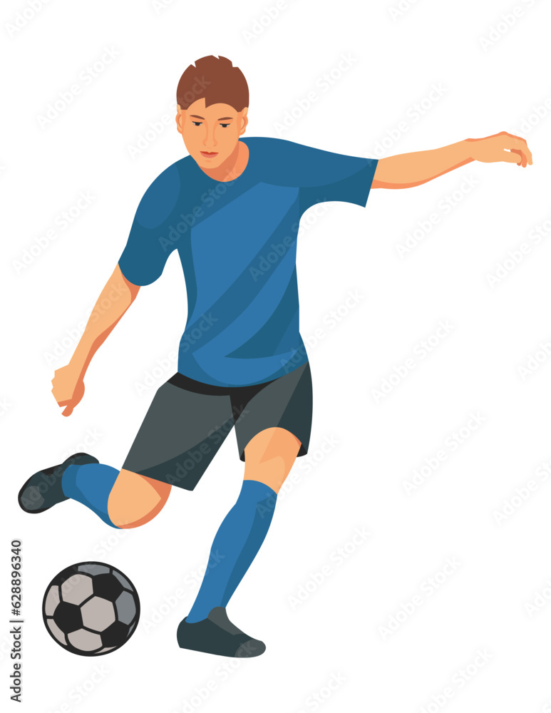 Teenage boy in a blue sports uniform playing football and going to kick the ball with his foot