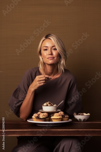 Beautiful blonde woman enjoying a meal with multiple plates of food and a cup Fictional Character Created By Generative AI