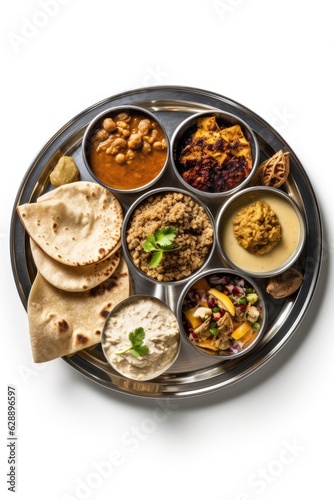 Diverse Indian cuisine served on a metal platter