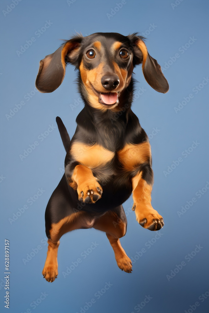 dachshund dog leaping into the air isolated on blue studio background
