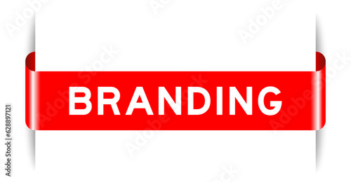 Red color inserted label banner with word branding on white background