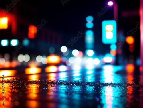 Wet city road with lights, generative ai