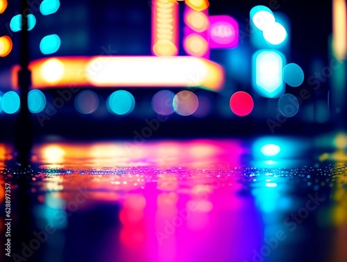 Wet city road with lights, generative ai