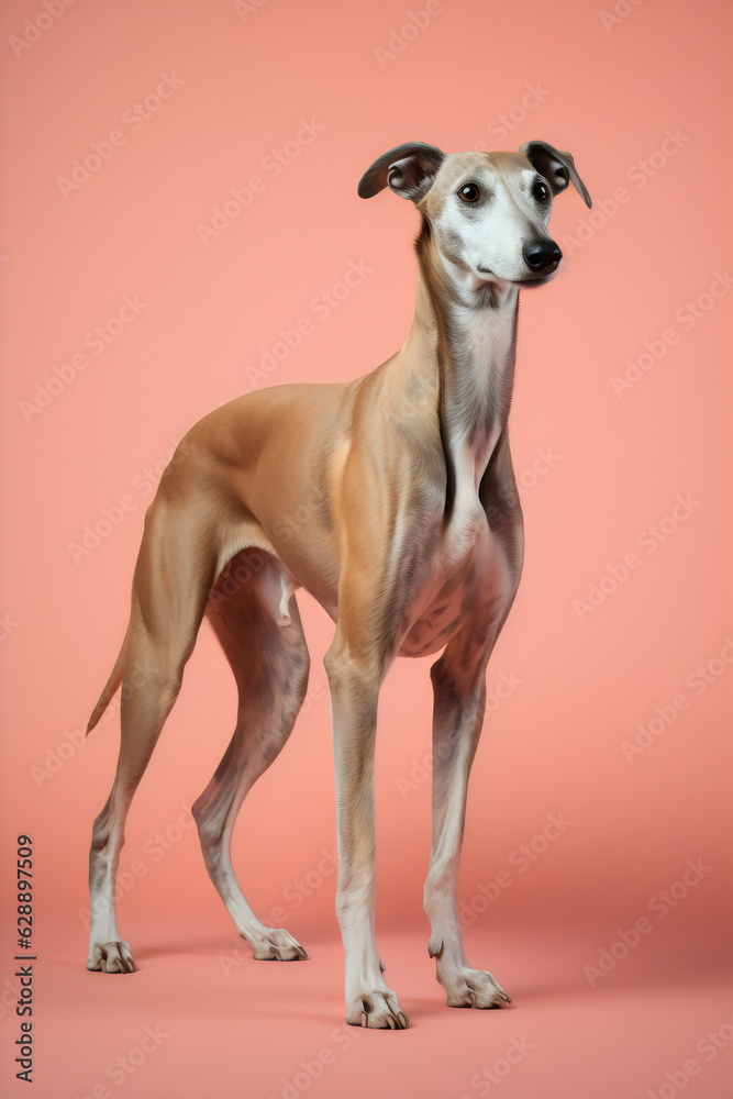 tan and white greyhound full length portrait isolated on plain pink studio background