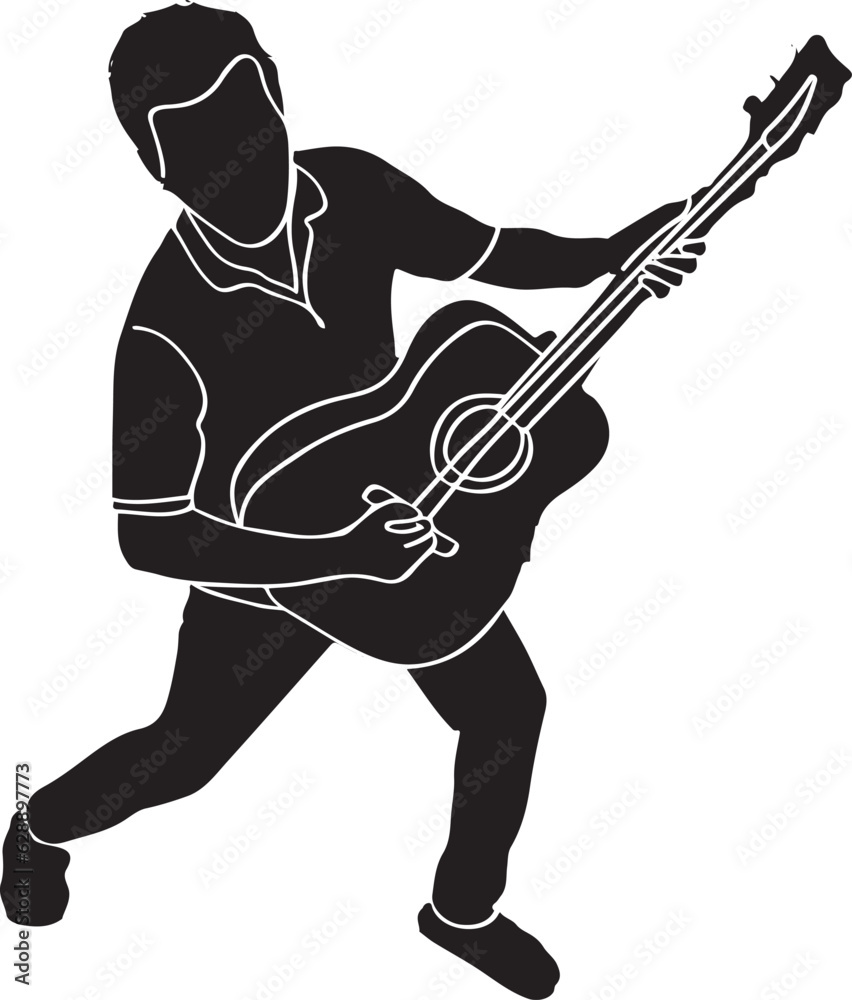 Epic Guitar Solo Silhouette Vector of a Dashing Man Rocking Out on His