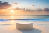 Marble podium in tropical sand over blurred tropical sea background.AI generated