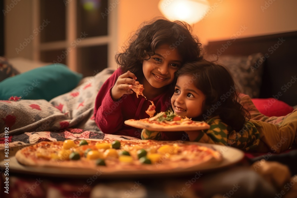 Two little girls enjoying a delicious pizza party Fictional Character Created By Generative AI