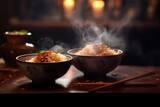 Aromatic Asian Rice Dish in Bowls with Chopsticks