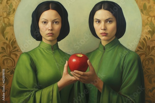 The Apple of Discord - painted artwork featuring two women Fictional Character Created By Generative AI photo