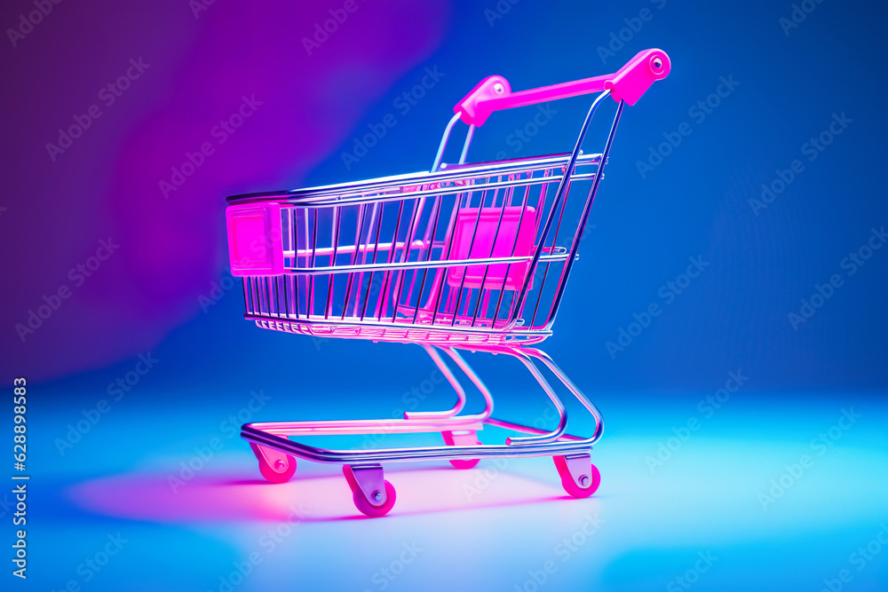 Empty shopping cart, trolley on bright background. Cyber Monday sale. Generative AI