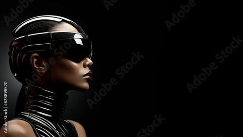 Frau Gesicht mit modischer futuristischer Cyberspace Brille VR im seitlichen Profil mit tollen Makeup in der Farbe schwarz Nahaufnahme, ai generativ