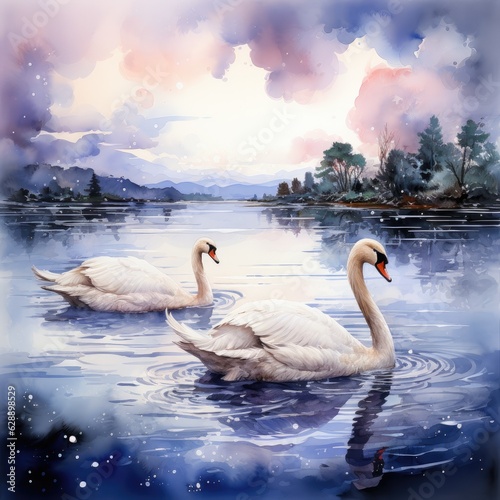 Moonlit Lake with Graceful Swans Watercolor Clipart