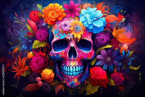Catrina skull in colorful bright flowers for Mexican Day of Dead, dia de los Muertos. Generative AI photo