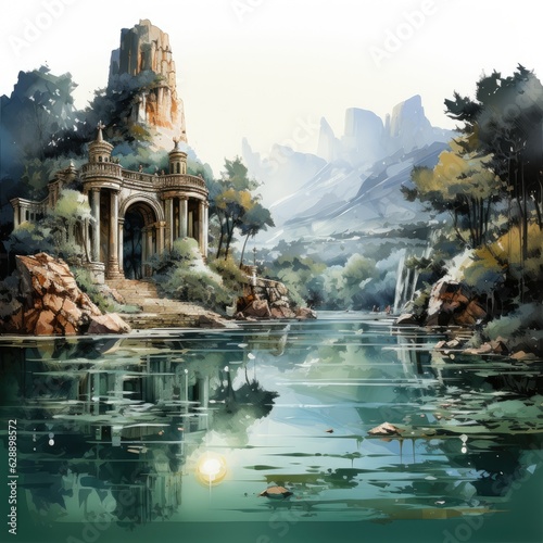 Moonlit Lake with Ancient Ruins Watercolor Clipart © Usablestores