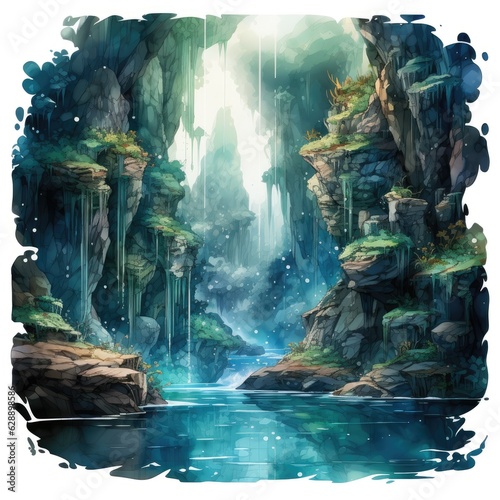 Enchanted Waterfall in Cave Watercolor Clipart