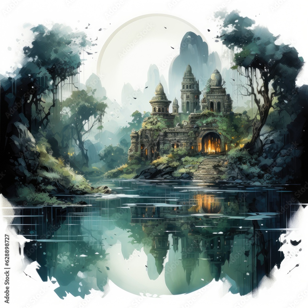 Moonlit Lake with Ancient Ruins Watercolor Clipart