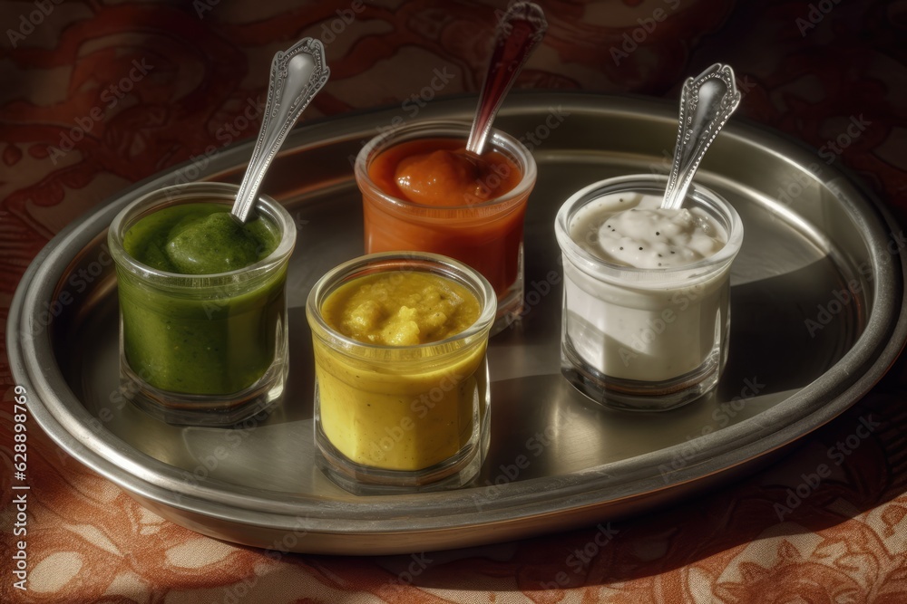 Variety of Different Dips Displayed in Glass Cylinders on a Silver Platter Variety of Different Dips Displayed in Glass Cylinders on a Silver Platter