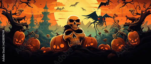 Spooky Pirates of Halloween: Fantasy Illustration with Skeleton Pirates on a Dreamlike Banner, Evoking a Mysterious and Whimsical Atmosphere. Generative AI