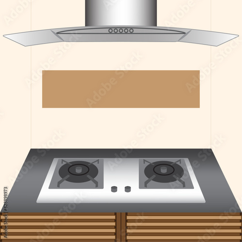 Modern range hood and gas stove. vector illustration EPS 10. editable stroke.