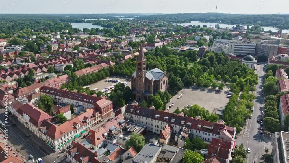 Aerial Drone shot of Catholic Parish Church of St. Peter and Paul ( Katholische Pfarrkirche St. Peter und Paul ) in Potsdam , Germany