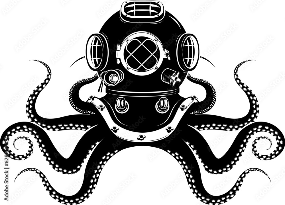 Born to dive. octopus with diver helmet and two tridents. Template for