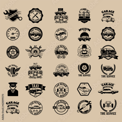 Big set of car service, taxi, tire service labels and badges. Design elements for logo, label, emblem, badge, sign. Vector illustrations.