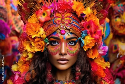 Colorful and Beautiful Indian Woman Adorned with Festive Paint and Flowers Fictional Character Created By Generative AI.