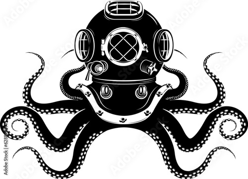 Born to dive. octopus with diver helmet and two tridents. Template for t-shirt print. Vector illustration.