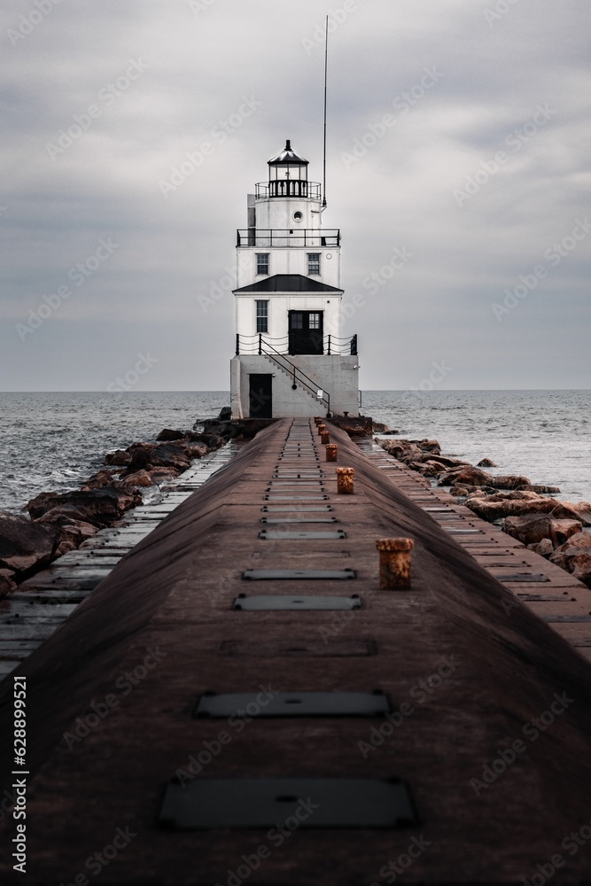 Picturesque view of Manitowoc North Breakwater Lighthouse in Manitowoc County, Wisconsin