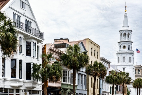 Broad Street in Charleston, South Carolina, with buildings and trees along the road photo