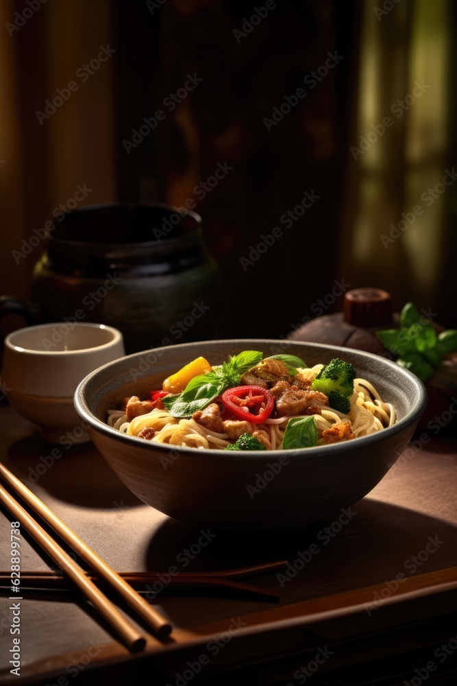 A delicious bowl of noodles with veggies and meat - a tempting meal to satisfy hunger A delicious bowl of noodles with veggies and meat - a tempting meal to satisfy hunger