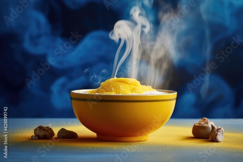 Steaming bowl of food with a cracked open yellow bowl, revenge style photo