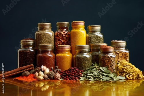 Variety of Spices and Herbs in Glass Jars