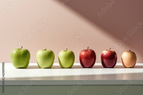 Six Apples of Different Colors Lined Up on a Table