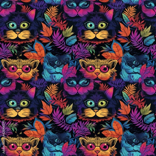 bright psychedelic seamless pattern with cartoon cats in glasses neon colors in retro style