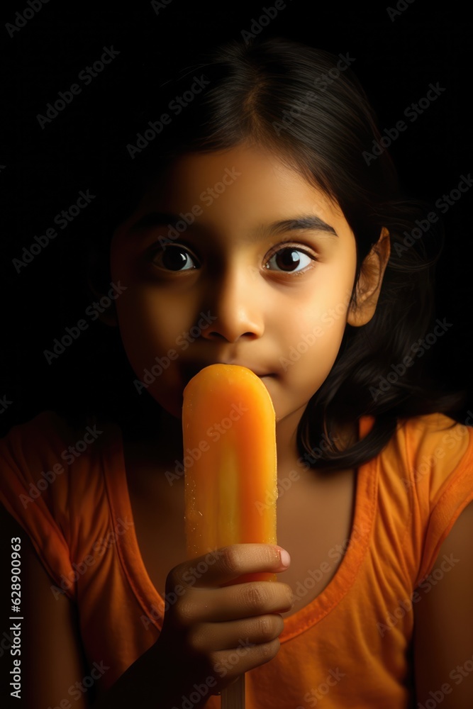 A Young Indian Girl Enjoying an Orange Candy Fictional Character Created By Generative AI. A Young Indian Girl Enjoying an Orange Candy Fictional Character Created By Generative AI.
