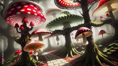 Mushroom forest of fly agaric in dense fog, created using artificial intelligence.