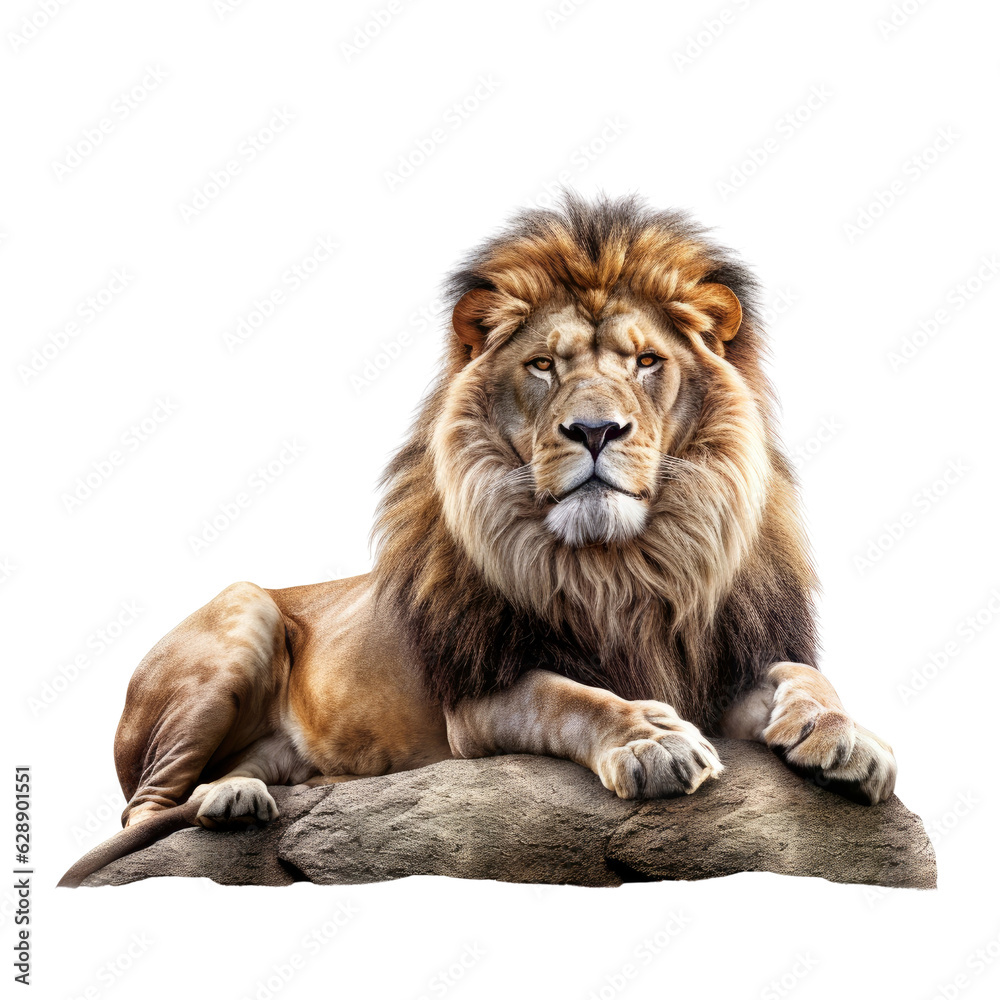 A majestic lion resting on a rocky outcrop in the wild. Isolated background. Transparent PNG. Generative AI
