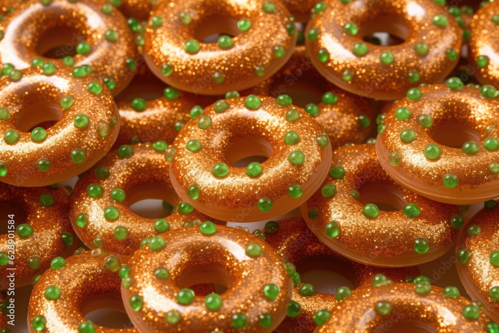 A delicious collection of gilded donuts with green gems A delicious collection of gilded donuts with green gems