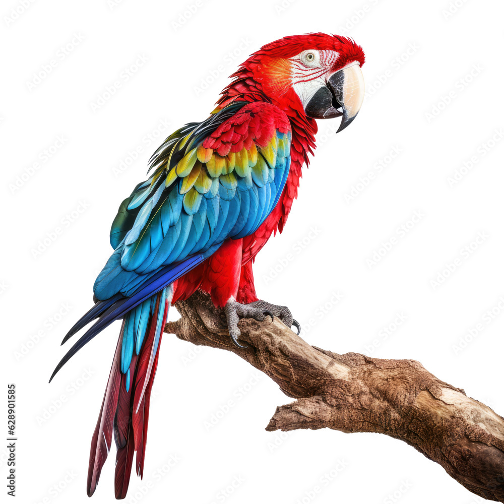 A vibrant parrot perched on a tree branch against a colorful backdrop. Isolated background. Transparent PNG. Generative AI