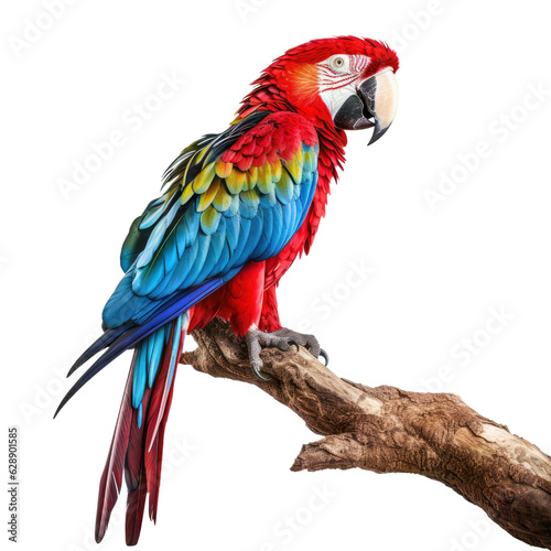A vibrant parrot perched on a tree branch against a colorful backdrop. Isolated background. Transparent PNG. Generative AI