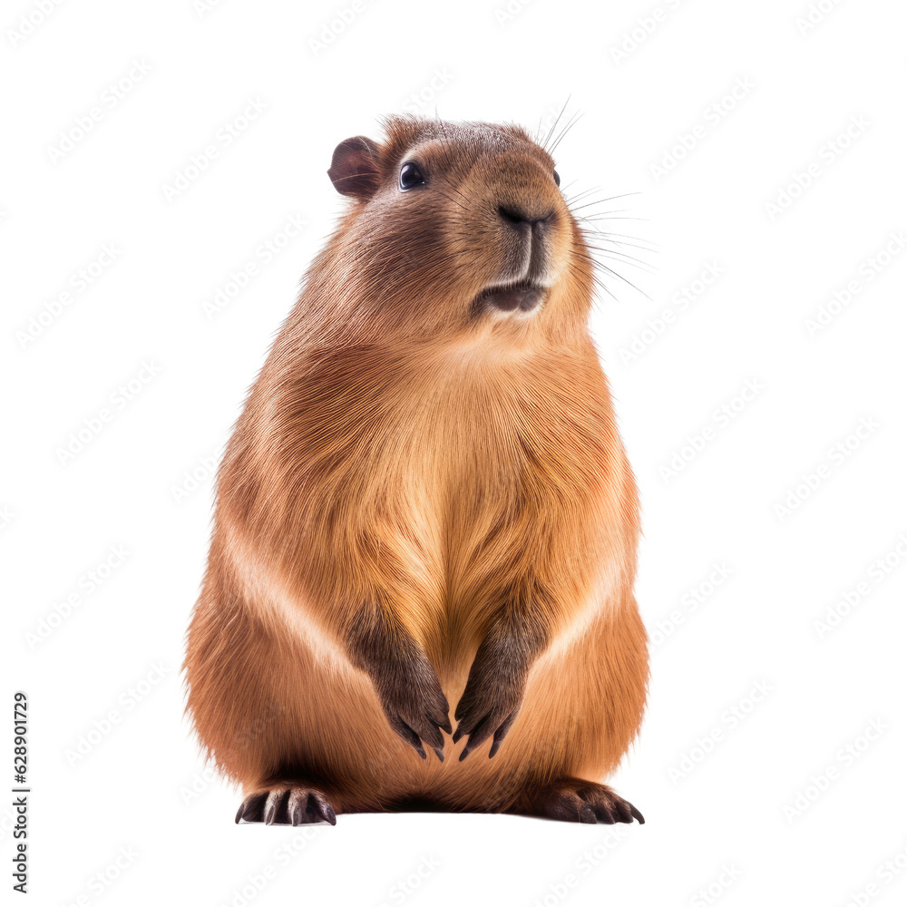 A capybara sitting on its hind legs in a natural habitat. Isolated background. Transparent PNG. Generative AI A capybara sitting on its hind legs in a natural habitat. Isolated background. Transparent PNG. Generative AI