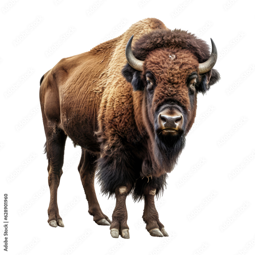 A majestic bison standing against a dramatic isolated background. Isolated background. Transparent PNG. Generative AI A majestic bison standing against a dramatic isolated background. Isolated background. Transparent PNG. Generative AI