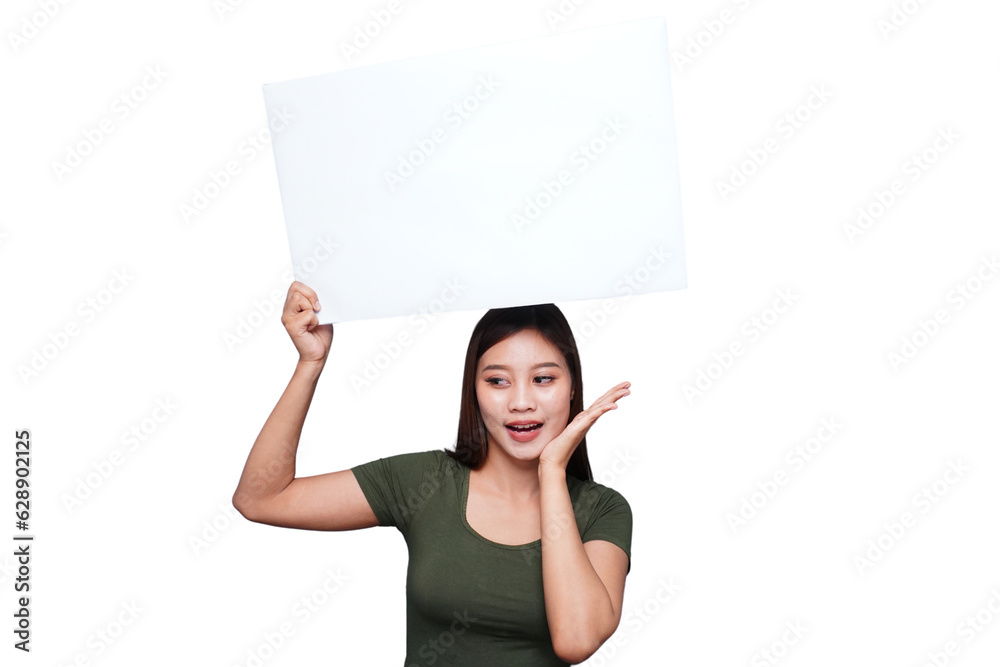 Beautiful Asian woman holding an empty board and shocked Beautiful Asian woman holding an empty board and shocked