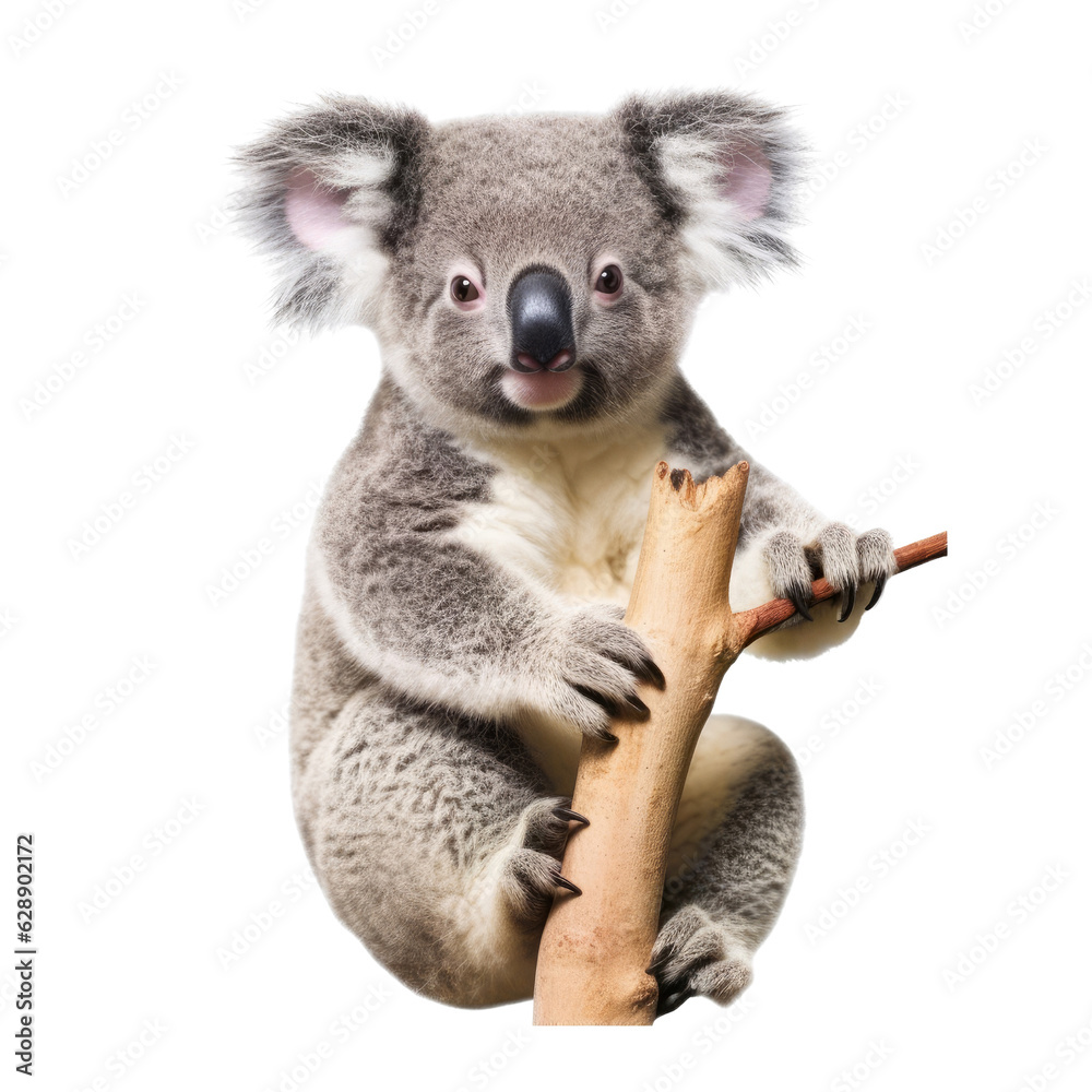 Fototapeta premium A cute koala perched on a tree branch in the wild. Isolated background. Transparent PNG. Generative AI