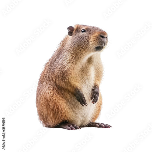 A capybara sitting upright on its hind legs in a natural setting. Isolated background. Transparent PNG. Generative AI © byarnoldus
